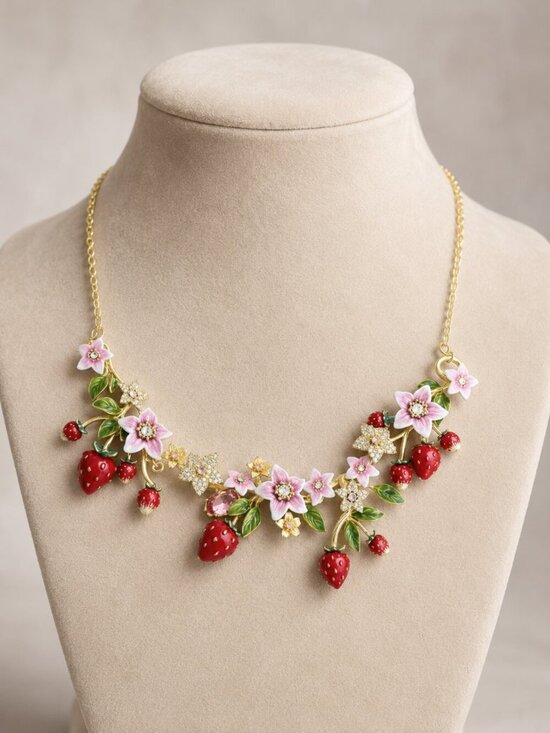 Anthropologie Jewelry - Anthropologie Pink, Red & Green Strawberry Floral Necklace